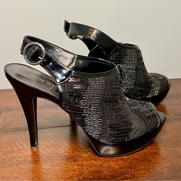 Nine West Shoes - Nine West Black Sequined Peep Toe Heels Size 7